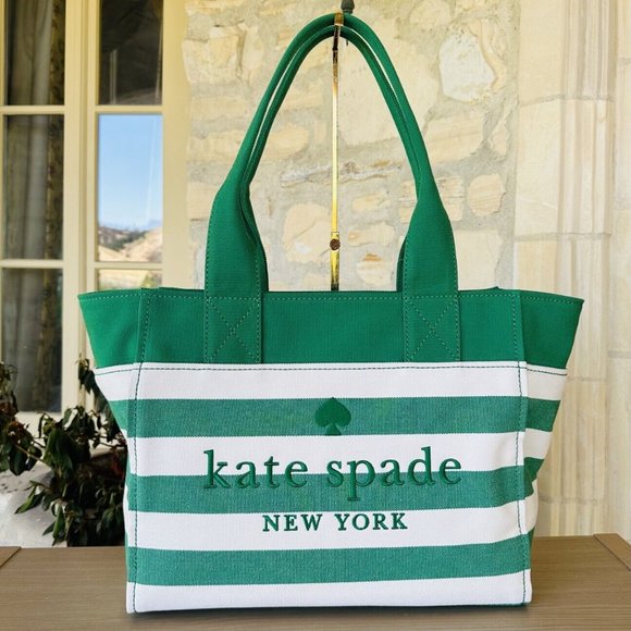 Kate Spade Jett Large Tote Green Bean Time Stripe Embroidered Logo NWT Authentic - Picture 1 of 5